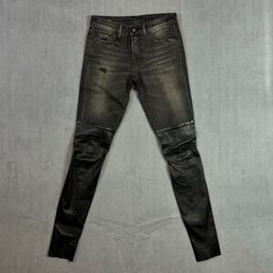 R13 Black Denim Knee Chaps Shredded Black Leather Womens Sz 24 Skinny Jeans